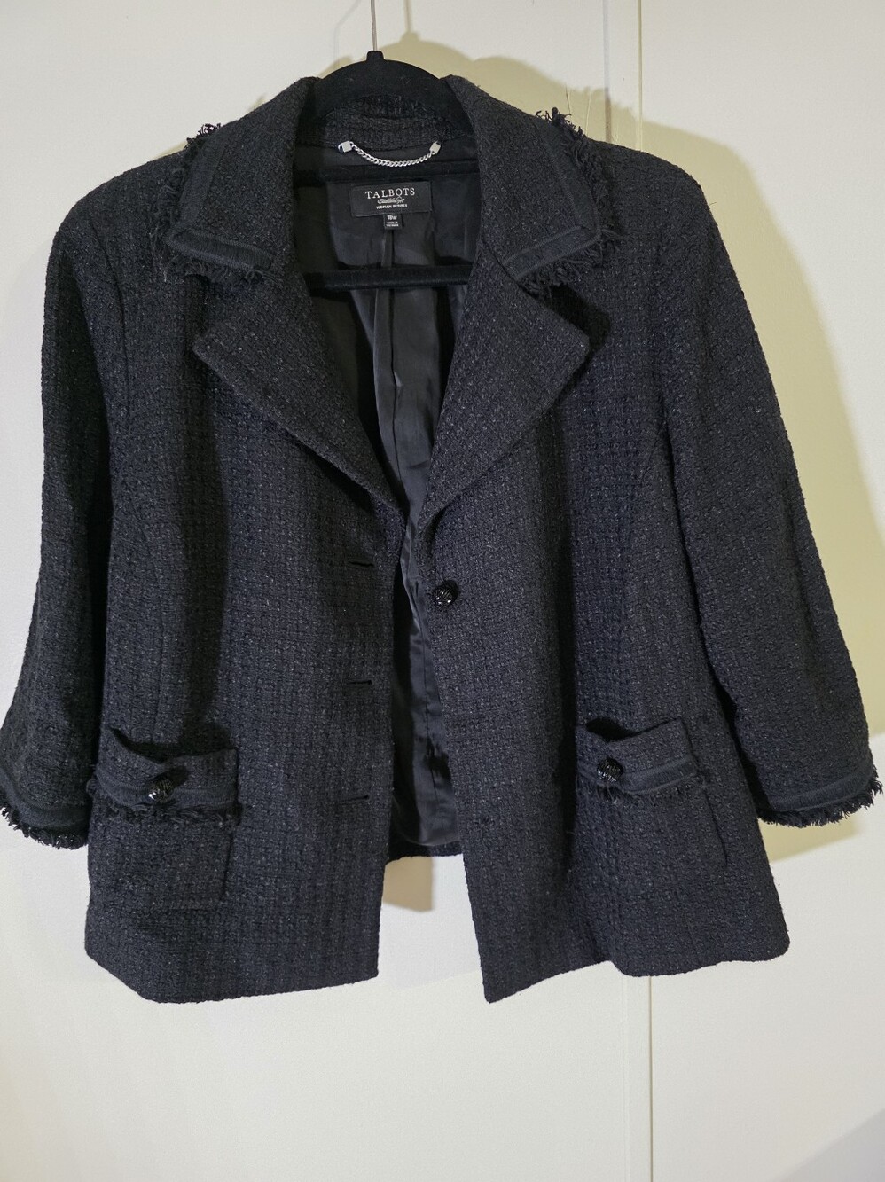 Talbots Black Tweed Fringe-Trim Blazer Jacket